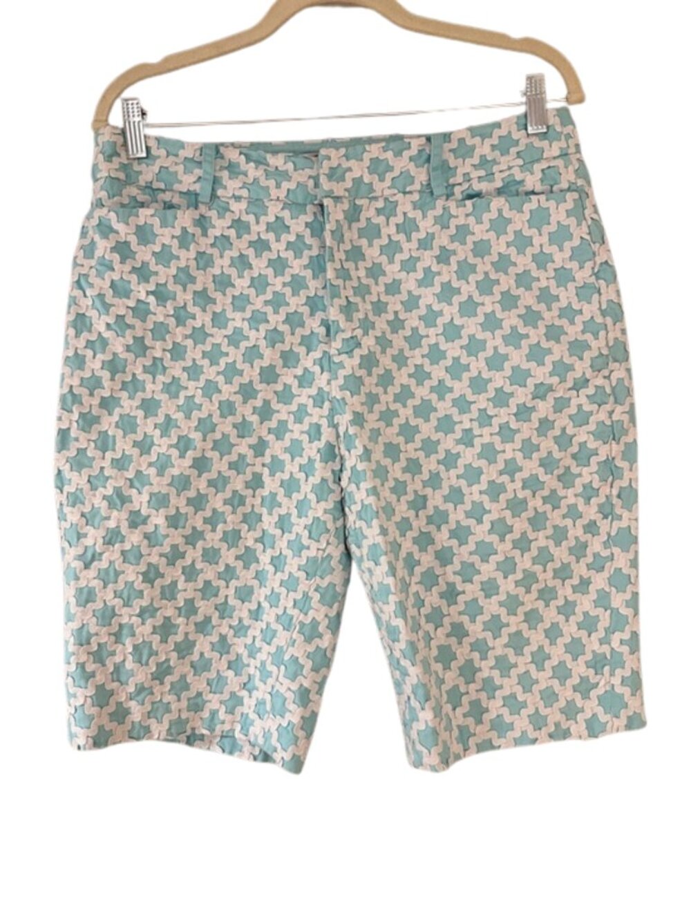 Bushwacker Aqua White Geometric Shorts Flat Front Preppy Golf Casual